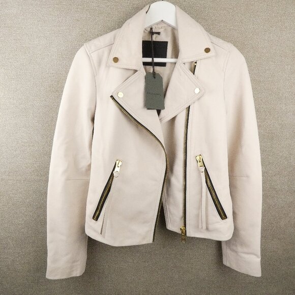 AllSaints Leather Jacket Womens 4 Ivory White Dalby Biker Classic Design NEW - Picture 1 of 16